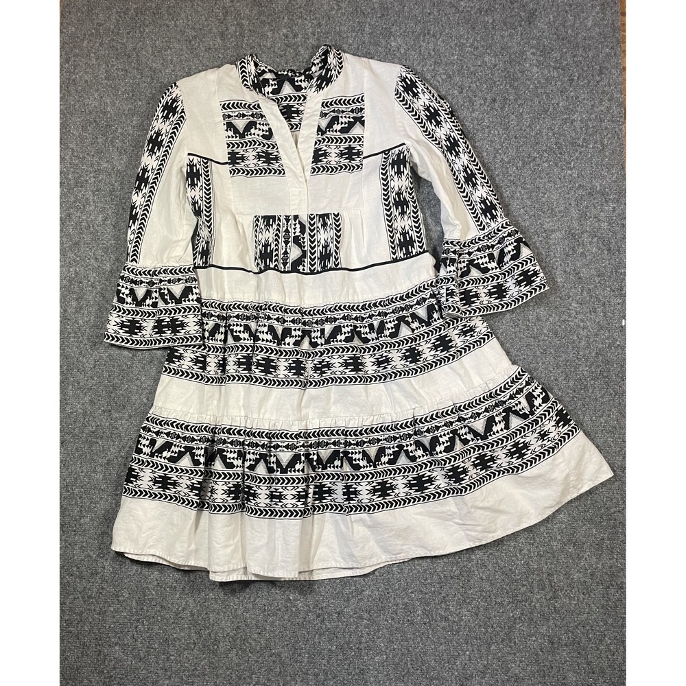 MSK Block Print Tiered Tunic Midi Dress Small Linen Aztec Southwestern Bell